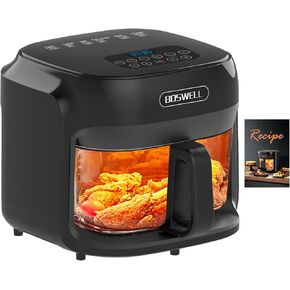 BOSWELL Glass Air Fryer, 7.5QT with Transparent Fry Bowl, Circulating Heating, Temperature Control, Stainless Steel Air Fryer Roast, Dishwasher Safe (Black)
