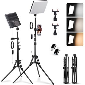 2-Pack USB-Powered Studio Lighting Kit | Velvora 28"-60" Adjustable Tripod Stand with Phone Holder | 2500-6500K Bi-Color Dimmable LED Panel for Live Streaming, YouTube Videos, 4K Filming