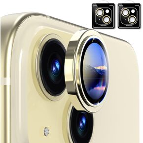 Matekxy Camera Lens Protector for iPhone-15/15 Plus - for 14/14 Plus, 2 Set HD Scratch Resistant Tempered Glass Metal Individual Cover Case Friendly, Yellow Titanium
