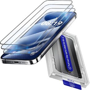 بالنسبة إلى واقي شاشة iPhone 16Pro Max ، 3 حزمة HD Clear 9H+ Hardness Film Glass Glass [الحواف العسكرية العسكرية المعززة والمعززة] مع مجموعة المحاذاة التلقائية ، وإزالة صفر الفقاعة التلقائية.