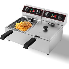 10.6QT/10L Electric Deep Fryer w/Basket & Lid, Stainless Steel Countertop Fryers, 3000W Single Tank Frying Machine w/Adjustable Temperature & Timer for Restaurant Kitchen
