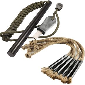 bayite 1/2 x 6 Inch Flint Steel Fire Starter Ferro Rod with Striker and CrocSee Pack of (6) Survival Wick Hemp Cords Tinder