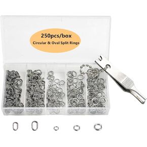 طقم تجويف حلقة صغيرة تقسيم Drchoer: 250pcs الصيد الفولاذ المقاوم للصدأ حلقة تقسيم البيضاوي ومجموعة الأسماك - موصل ربط إغراء الصيد لصنع الإغراء