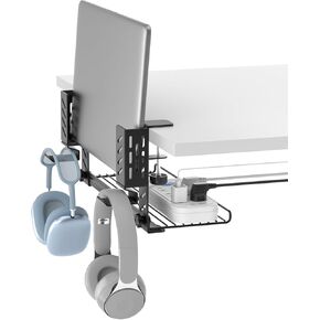 KDD 3-in-1 Laptop Stand Holder Storage, Adjustable Under Desk Cable Management Tray with Headphone Hanger and Cable Ties, No Drill Clamp on Desk Side Organizers Suitable for Laptop/Tablet/Headphone