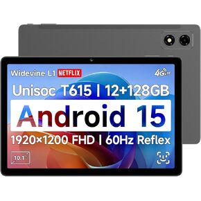 [2025 New Android 15] 10.1 inch Tablet, FHD IPS 1920x1200 and 60Hz Reflex Tablet, Widevine L1, Unisoc T615 (8 Core), 12GB+128GB(1TB TF), 4G LTE+2.4G/5G WiFi+BT5.0+GPS, 5MP Camera, 6500mAh