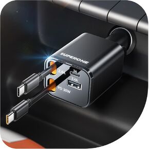 SUPERONE Retractable USB C Car Charger, iPhone 16 Car Charger Fast Charging with Dual Type C Cable, Car Accessories Small USBC Car Adapter for iPhone 16/15/14/13/12 Series, iPad, Galaxy, Pixel