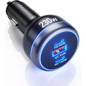 SUNDAREE 230W USB C Fast Car Charger, 3-Ports Mutiple Car Charger Adapter, Fast Charging PD140W/PPS63W/QC45W Compatible with iPhone16/15Pro/MacBook/iPad/Laptop/SamsungS24,Cigarette Lighter USB Charger