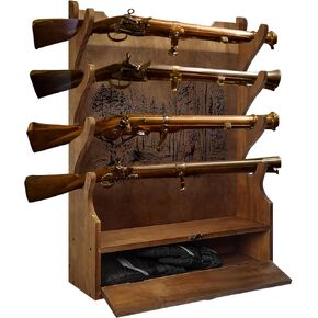 Four Gun Wooden Gun Display Rack with Cabinet Storage Compartment for Gun Accessories Gun Rack for Wall Gun Wall Mount Wall Gun Racks for Rifle Home Gun Racks with Soft Pad Deer Pattern