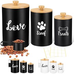 Tioncy Dog Treat Container Set of 3 with Bamboo Lids and Spoon Airtight Metal Dog Treat Jars with DIY Labels Pen Large Pet Cookie Snack Food Storage Container for Kitchen Counter(White)