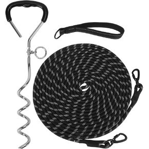 Mihachi Dog Tie Out Stake and Long Dog Leash, Reflective Recall Training Lead Leash with Removable Handle, 15.8in Ground Stake, Ideal for Yard, Camping and Beach, Suitable for Large Dogs,Orange 30FT