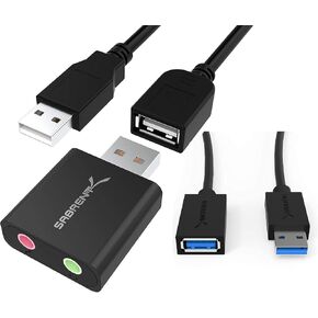 USB External Stereo Sound Adapter for Windows and Mac. Plug and Play No Drivers Needed+USB 3.0 Extension Cable A Male to A Female [Black] 3 Feet