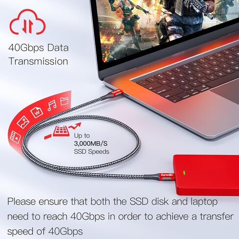 80 جيجابت في الثانية لكابل Thunderbolt 5 2.3FT، كابل USB4 V2 عرض النطاق الترددي 120 جيجابت في الثانية، PD 240W، 16K/8K 60 هرتز، 4K 540 هرتز/240 هرتز، كابل عرض فيديو شاشة USB C لهاتف iPhone 16، Razer Blade، ACASIS SSD، Thunderbolt 4/3 in Kuwait