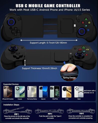 Crotrain Type-C Mobile Gaming Controller for Android & iPhone 16/iPhone 15 Series (USB C) Plug and Play Gamepad with Hall Effect Joysticks/Hall Trigger, for Xbox Cloud Gaming/PS Remote Play/PUBG/CODM in Kuwait