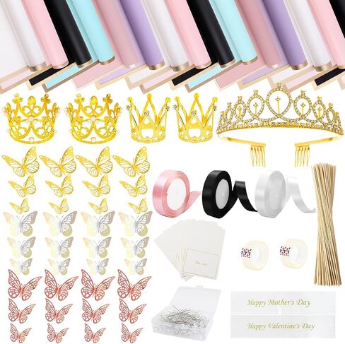 TKNOUS DIY Bouquet Accessories 60 Sheets Flower Bouquet Wrapping Paper 308 PCS Money Bouquet Kit with Waterproof Wrapping Paper Butterfly Pins Ribbon Crowns Transparent Tape Sticks Card in Saudi Arabia