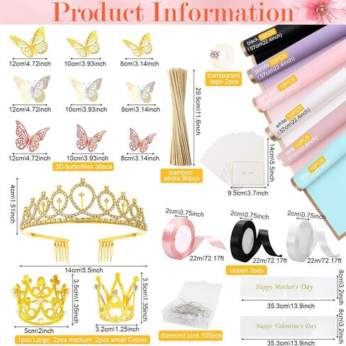 TKNOUS DIY Bouquet Accessories 60 Sheets Flower Bouquet Wrapping Paper 308 PCS Money Bouquet Kit with Waterproof Wrapping Paper Butterfly Pins Ribbon Crowns Transparent Tape Sticks Card in Saudi Arabia