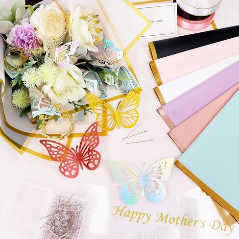 TKNOUS DIY Bouquet Accessories 60 Sheets Flower Bouquet Wrapping Paper 308 PCS Money Bouquet Kit with Waterproof Wrapping Paper Butterfly Pins Ribbon Crowns Transparent Tape Sticks Card in Saudi Arabia