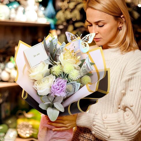 TKNOUS DIY Bouquet Accessories 60 Sheets Flower Bouquet Wrapping Paper 308 PCS Money Bouquet Kit with Waterproof Wrapping Paper Butterfly Pins Ribbon Crowns Transparent Tape Sticks Card in Saudi Arabia