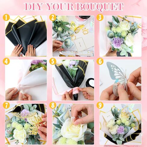 TKNOUS DIY Bouquet Accessories 60 Sheets Flower Bouquet Wrapping Paper 308 PCS Money Bouquet Kit with Waterproof Wrapping Paper Butterfly Pins Ribbon Crowns Transparent Tape Sticks Card in Saudi Arabia