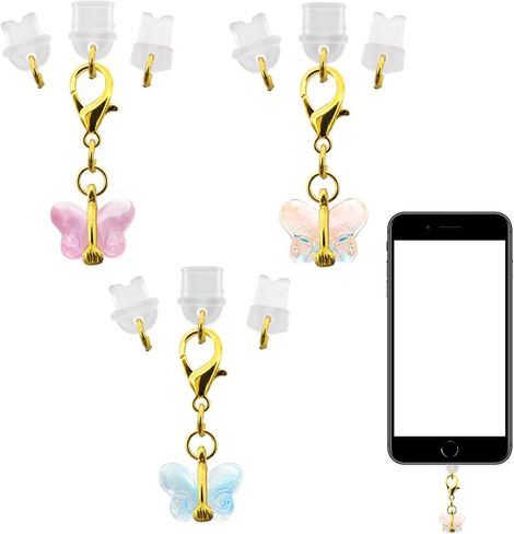 شحن ميناء ميناء مضاد للغبار ، سحر الهاتف الفراشة قلادة لغطاء غبار iPhone+ نوع/USB C+ Micro USB ، معظم الهواتف المحمولة عالمية (3 عبوات) in Kuwait