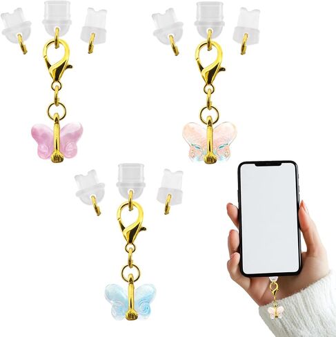 شحن ميناء ميناء مضاد للغبار ، سحر الهاتف الفراشة قلادة لغطاء غبار iPhone+ نوع/USB C+ Micro USB ، معظم الهواتف المحمولة عالمية (3 عبوات) in Kuwait