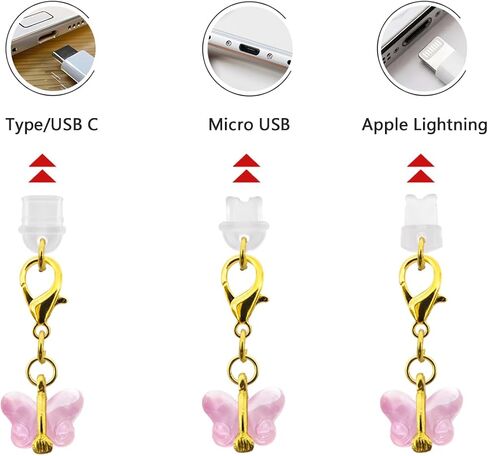شحن ميناء ميناء مضاد للغبار ، سحر الهاتف الفراشة قلادة لغطاء غبار iPhone+ نوع/USB C+ Micro USB ، معظم الهواتف المحمولة عالمية (3 عبوات) in Kuwait