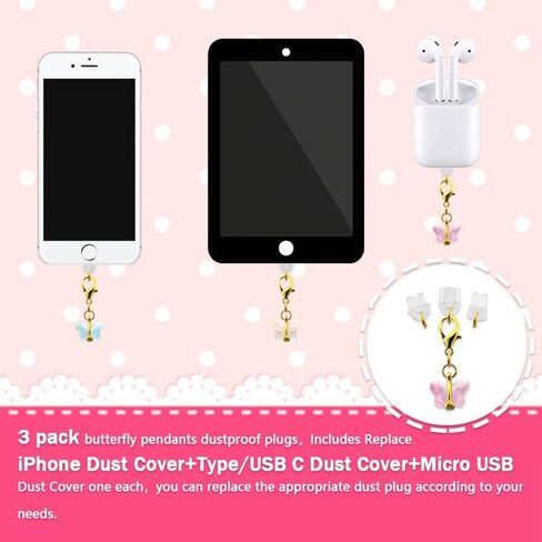 شحن ميناء ميناء مضاد للغبار ، سحر الهاتف الفراشة قلادة لغطاء غبار iPhone+ نوع/USB C+ Micro USB ، معظم الهواتف المحمولة عالمية (3 عبوات) in Kuwait