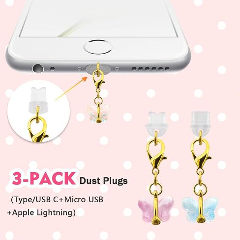 شحن ميناء ميناء مضاد للغبار ، سحر الهاتف الفراشة قلادة لغطاء غبار iPhone+ نوع/USB C+ Micro USB ، معظم الهواتف المحمولة عالمية (3 عبوات) in Kuwait