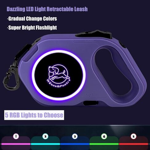 Retractable Dog Leash Upgraded Rechargeable with LED Light, One-Hand Brake and Unlock Tangle Free Pet Leashes 16ft/5m Nylon Tape for up to 88lbs Small Medium Large Dogs in Saudi Arabia