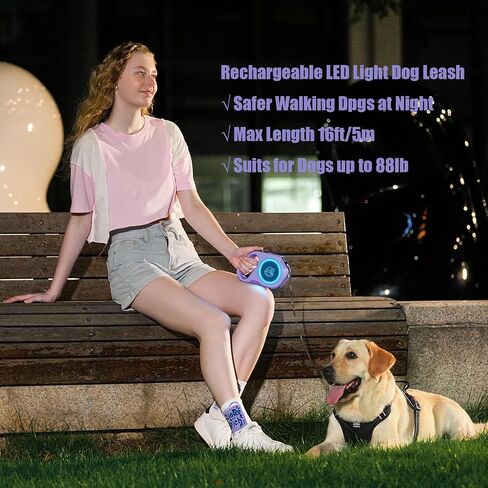 Retractable Dog Leash Upgraded Rechargeable with LED Light, One-Hand Brake and Unlock Tangle Free Pet Leashes 16ft/5m Nylon Tape for up to 88lbs Small Medium Large Dogs in Saudi Arabia