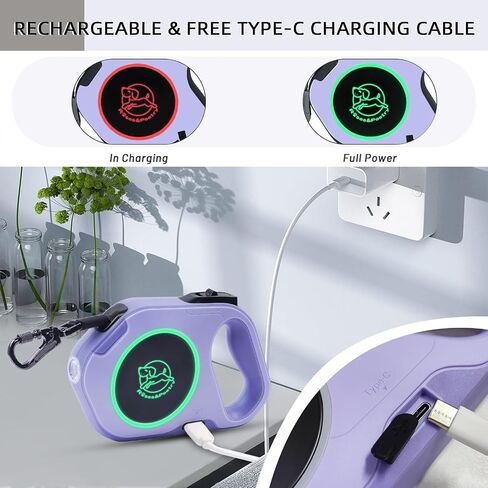 Retractable Dog Leash Upgraded Rechargeable with LED Light, One-Hand Brake and Unlock Tangle Free Pet Leashes 16ft/5m Nylon Tape for up to 88lbs Small Medium Large Dogs in Saudi Arabia