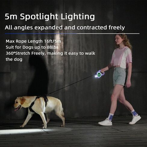 Retractable Dog Leash Upgraded Rechargeable with LED Light, One-Hand Brake and Unlock Tangle Free Pet Leashes 16ft/5m Nylon Tape for up to 88lbs Small Medium Large Dogs in Saudi Arabia