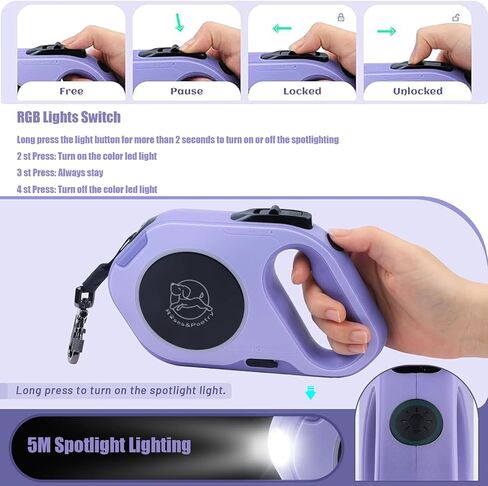 Retractable Dog Leash Upgraded Rechargeable with LED Light, One-Hand Brake and Unlock Tangle Free Pet Leashes 16ft/5m Nylon Tape for up to 88lbs Small Medium Large Dogs in Saudi Arabia
