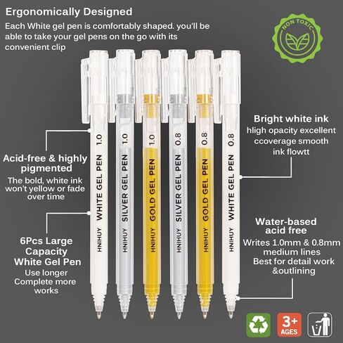HNIHUY White Gel Pens,1mm, 0.8mm Fine Point Opaque White Archival Ink Pen for Black Paper Drawing, Sketching, Illustration, Bullet Journaling, Pack of 6 in Saudi Arabia