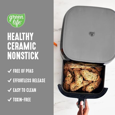 GreenLife Compact Compact Air Fryer Oven ، 5.3 QT ، درج خالٍ من PFAS الخالي من السيراميك ، 8 شاشة رقمية لمسة ، نافذة عرض سهلة ، مؤقت الإغلاق التلقائي ، أجزاء آمنة غسالة الصحون ، 1500 واط ، الجرافيت in Kuwait