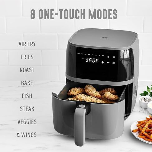 GreenLife Compact Compact Air Fryer Oven ، 5.3 QT ، درج خالٍ من PFAS الخالي من السيراميك ، 8 شاشة رقمية لمسة ، نافذة عرض سهلة ، مؤقت الإغلاق التلقائي ، أجزاء آمنة غسالة الصحون ، 1500 واط ، الجرافيت in Kuwait