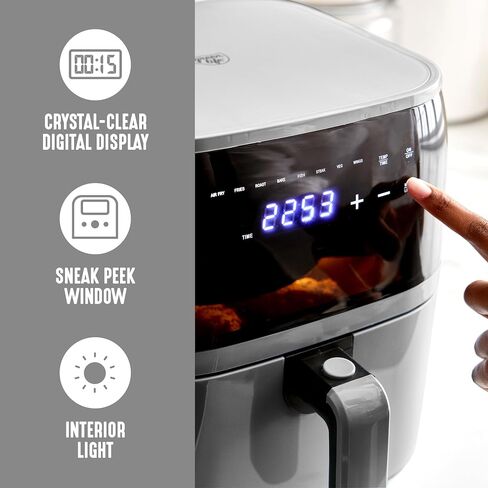GreenLife Compact Compact Air Fryer Oven ، 5.3 QT ، درج خالٍ من PFAS الخالي من السيراميك ، 8 شاشة رقمية لمسة ، نافذة عرض سهلة ، مؤقت الإغلاق التلقائي ، أجزاء آمنة غسالة الصحون ، 1500 واط ، الجرافيت in Kuwait
