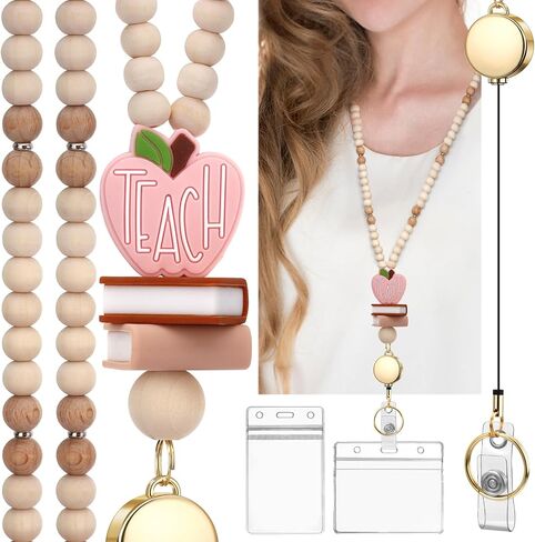 Teacher Lanyard with Id Holder, Retractable Lanyards for Id Badges Keys, Cute Natural Wooden Beaded Lanyard for Women in Saudi Arabia