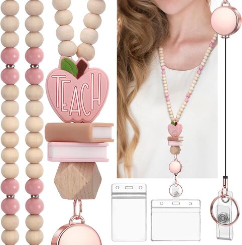 Teacher Lanyard with Id Holder, Retractable Lanyards for Id Badges Keys, Cute Natural Wooden Beaded Lanyard for Women in Saudi Arabia