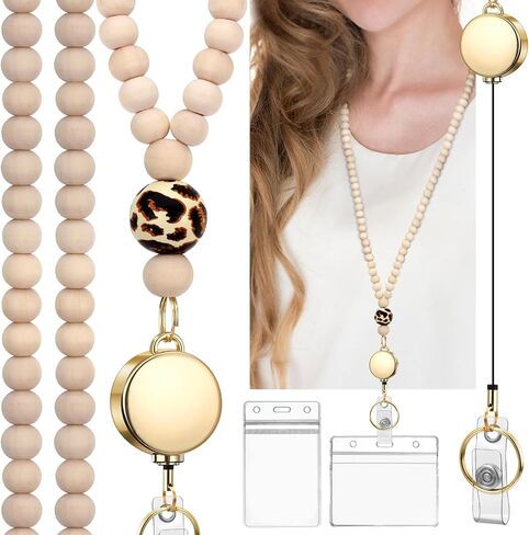 Teacher Lanyard with Id Holder, Retractable Lanyards for Id Badges Keys, Cute Natural Wooden Beaded Lanyard for Women in Saudi Arabia