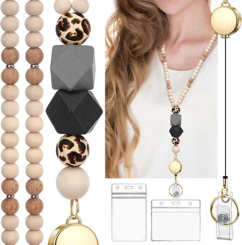 Teacher Lanyard with Id Holder, Retractable Lanyards for Id Badges Keys, Cute Natural Wooden Beaded Lanyard for Women in Saudi Arabia