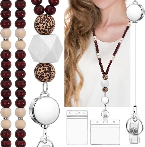 Teacher Lanyard with Id Holder, Retractable Lanyards for Id Badges Keys, Cute Natural Wooden Beaded Lanyard for Women in Saudi Arabia