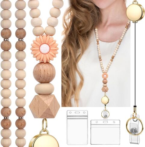 Teacher Lanyard with Id Holder, Retractable Lanyards for Id Badges Keys, Cute Natural Wooden Beaded Lanyard for Women in Saudi Arabia