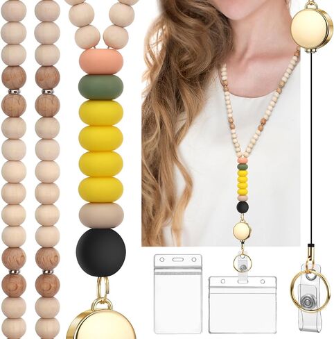 Teacher Lanyard with Id Holder, Retractable Lanyards for Id Badges Keys, Cute Natural Wooden Beaded Lanyard for Women in Saudi Arabia