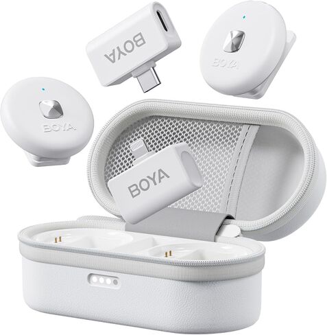 BOYA Omic Wireless Microphone for iPhone/Android with MFi Certified Lightning/USB-C Plug, Noise Reduction, 164ft 30H Battery Life with Charging Case, iPhone Microphone for Video Recording-White in Saudi Arabia