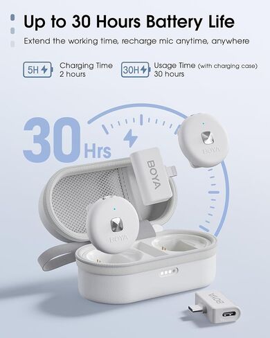 BOYA Omic Wireless Microphone for iPhone/Android with MFi Certified Lightning/USB-C Plug, Noise Reduction, 164ft 30H Battery Life with Charging Case, iPhone Microphone for Video Recording-White in Saudi Arabia