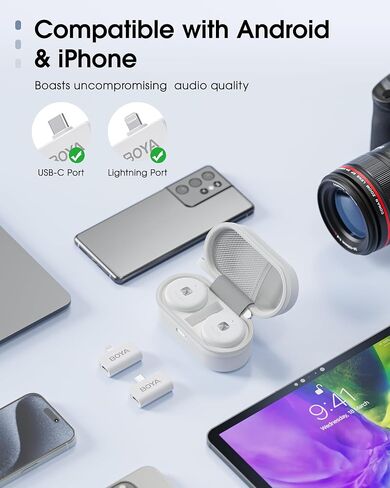 BOYA Omic Wireless Microphone for iPhone/Android with MFi Certified Lightning/USB-C Plug, Noise Reduction, 164ft 30H Battery Life with Charging Case, iPhone Microphone for Video Recording-White in Saudi Arabia