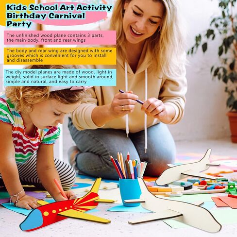 Feradny 24 Pack Unfinished Wooden Airplane Model Toys DIY Model Planes Wood Plane kit Handcraft Plane to Paint for Kids School Art Activity Birthday Carnival Party (Color Style 2) in Saudi Arabia
