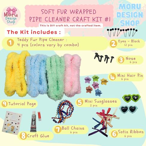 Moru Fur Pipe Cleaner Craft Kit #1, Soft, Thick, Long Teddy Fur-Wrapped stem Wire for DIY Art & Craft. with Decorative Accessories (Eyes/Nose/Ribbons) &Tutorial. Great for a Gift, Craft Class, Party in Saudi Arabia