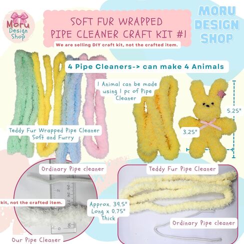 Moru Fur Pipe Cleaner Craft Kit #1, Soft, Thick, Long Teddy Fur-Wrapped stem Wire for DIY Art & Craft. with Decorative Accessories (Eyes/Nose/Ribbons) &Tutorial. Great for a Gift, Craft Class, Party in Saudi Arabia