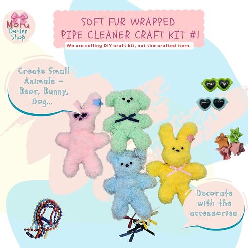 Moru Fur Pipe Cleaner Craft Kit #1, Soft, Thick, Long Teddy Fur-Wrapped stem Wire for DIY Art & Craft. with Decorative Accessories (Eyes/Nose/Ribbons) &Tutorial. Great for a Gift, Craft Class, Party in Saudi Arabia